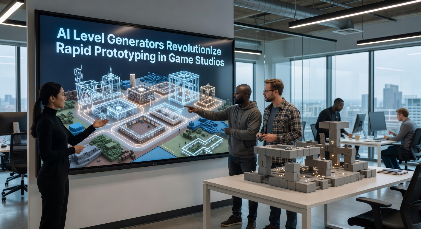 Game studio team collaborating around screens displaying AI-generated level prototypes, with overlaid data visualizations of iteration speeds and quality metrics
