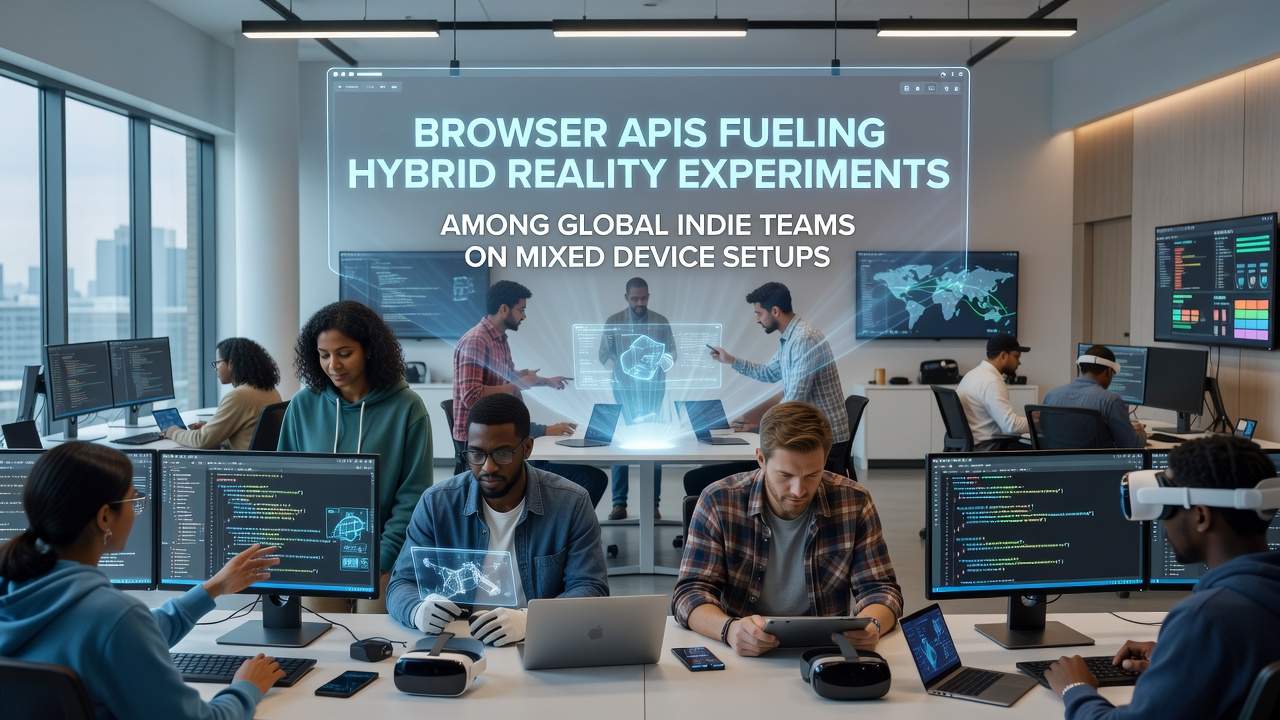 Indie team members on different continents collaborating in real time on a hybrid reality scene using browser APIs on mixed mobile and desktop devices