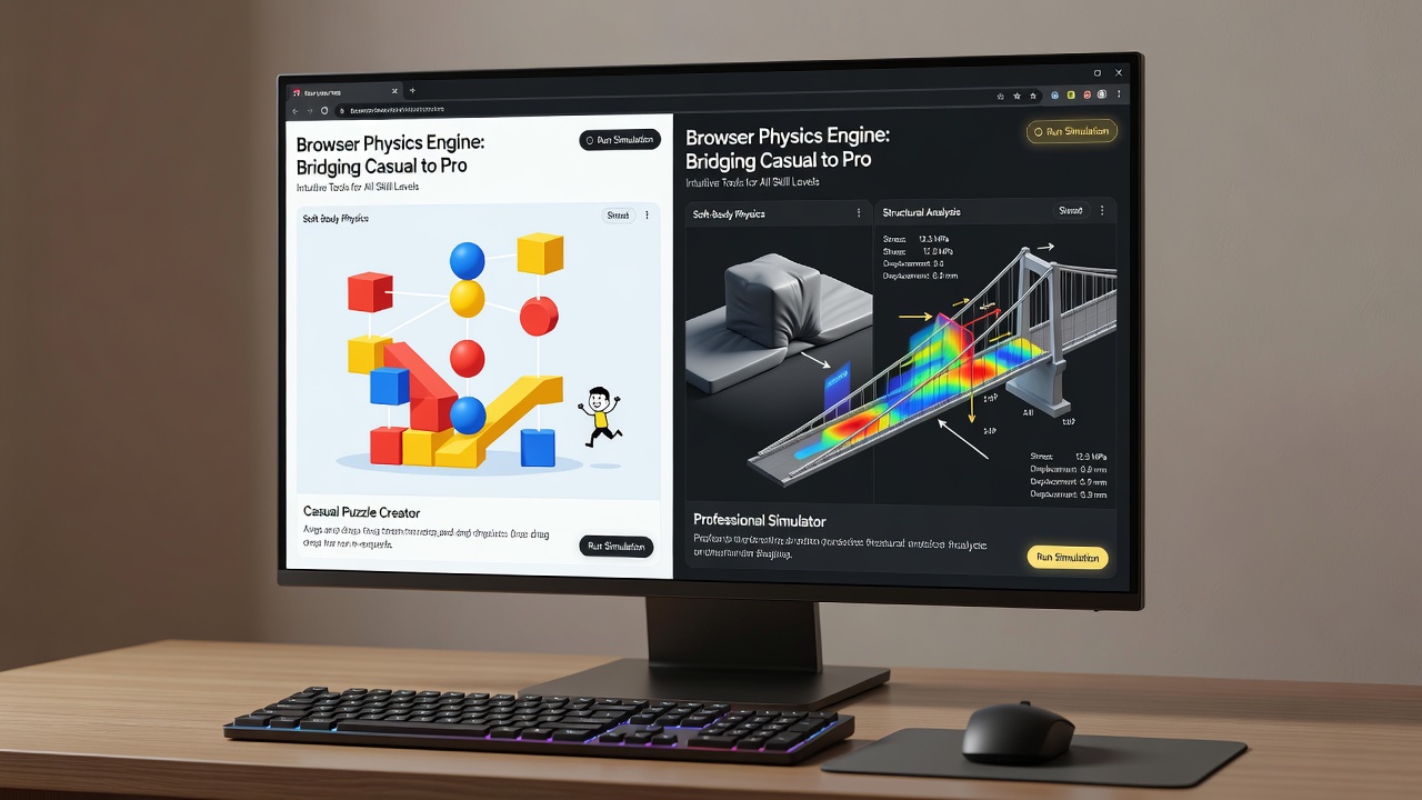 Professional simulation studio team collaborating on a browser physics prototype projected on a large screen with code snippets and 3D models visible