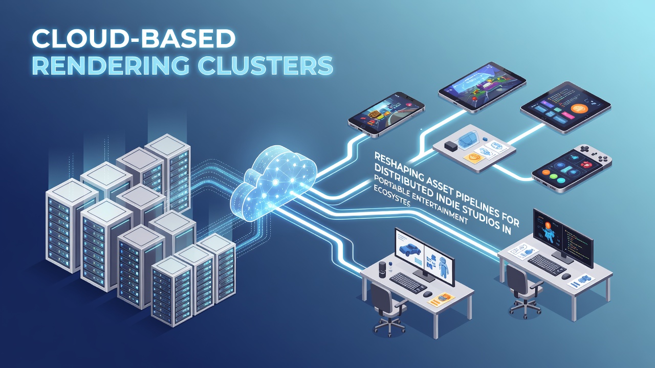 Cloud rendering clusters processing 3D assets for indie game studios across portable devices
