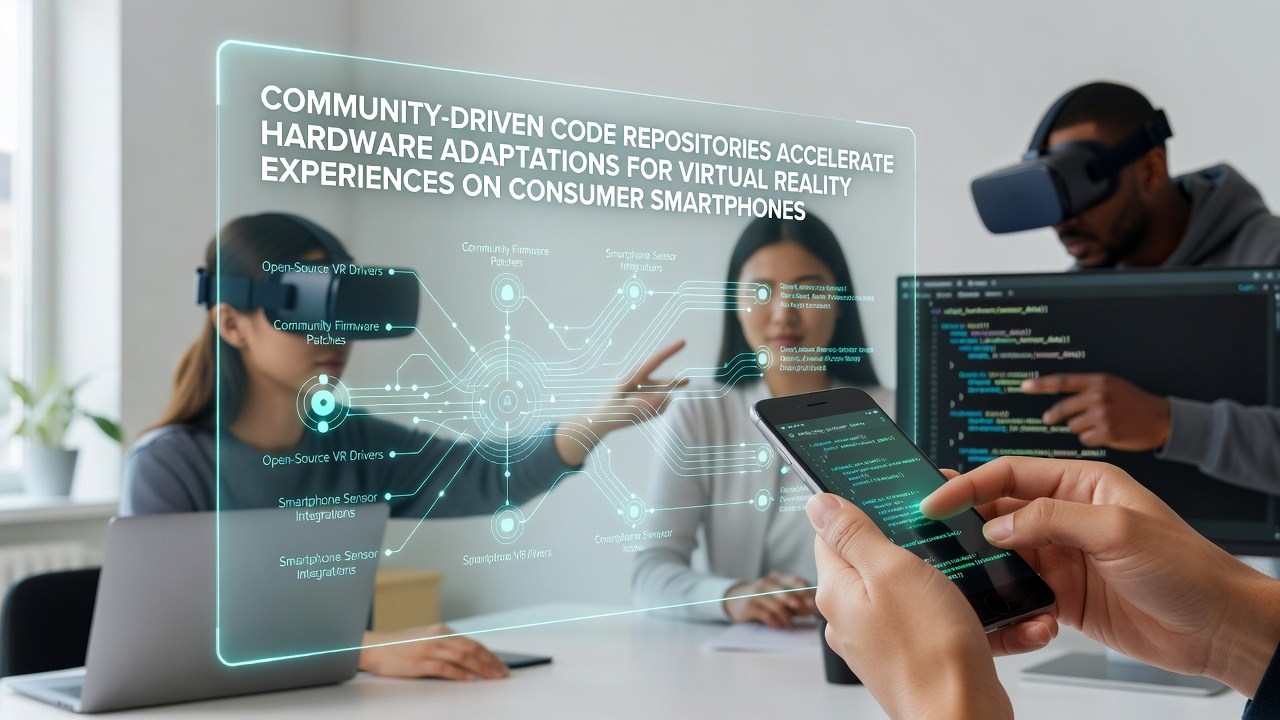 Developers collaborating on open code repositories to optimize smartphone hardware for VR applications