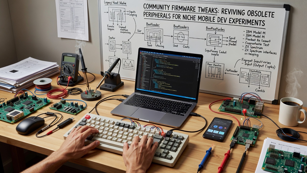 Close-up of modified firmware running on an obsolete USB peripheral linked to a mobile development board