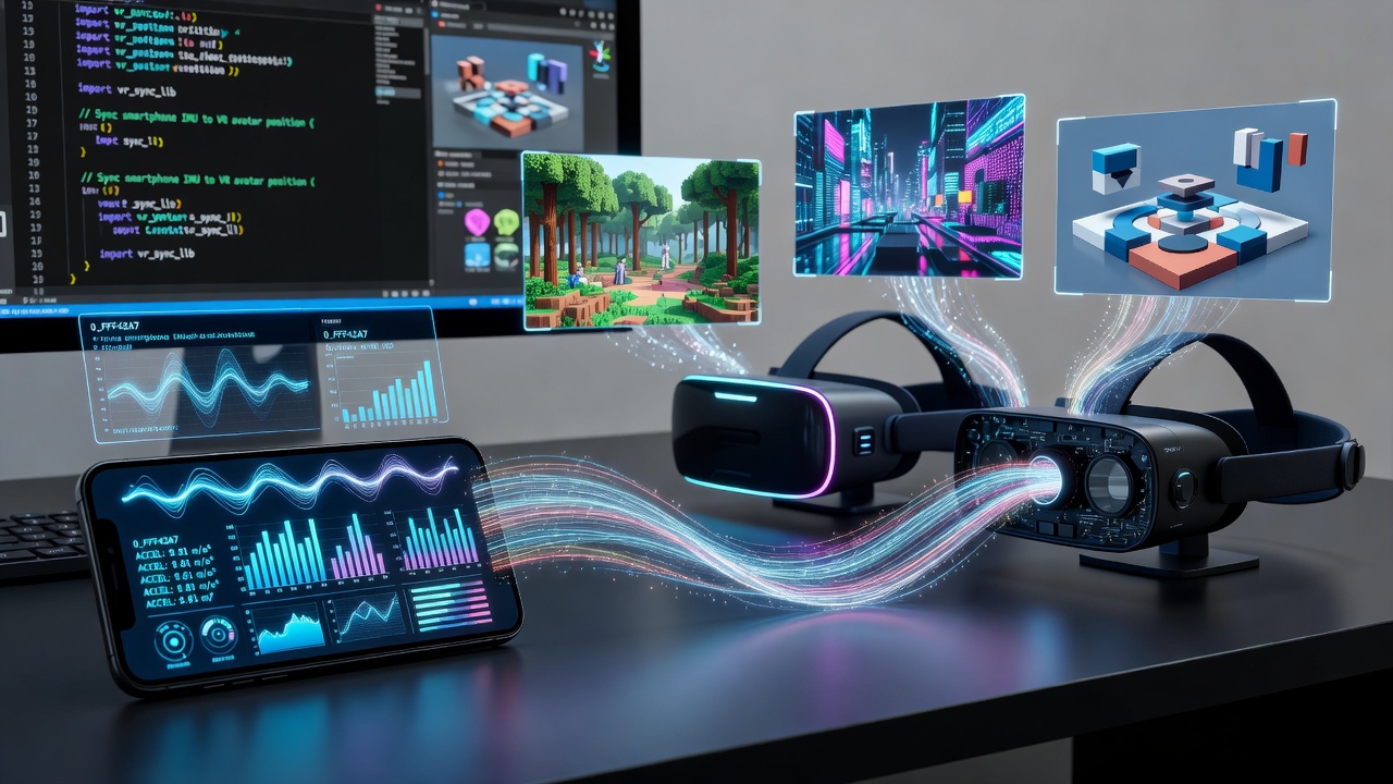 Smartphone accelerometer and gyroscope data streams merging with VR tracking systems during indie game testing sessions