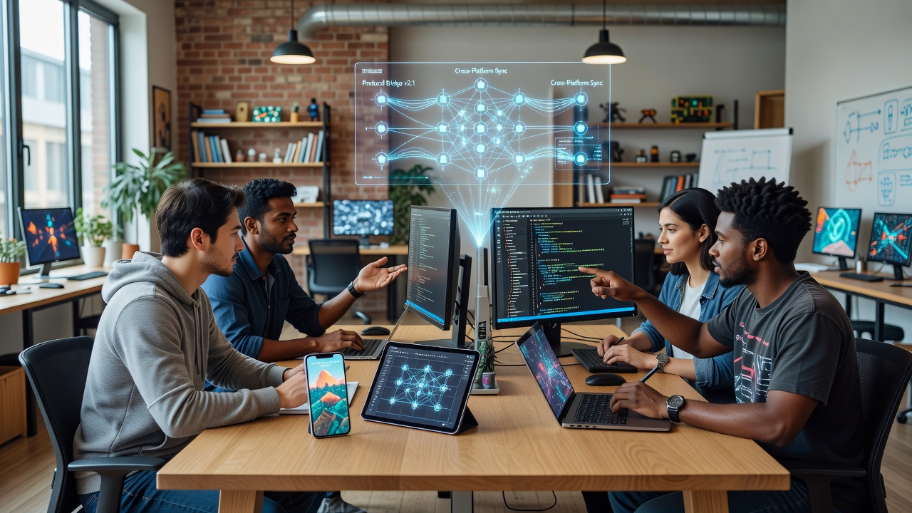 Indie developers collaborating on protocol bridges that sync procedural generation tools between mobile and desktop platforms