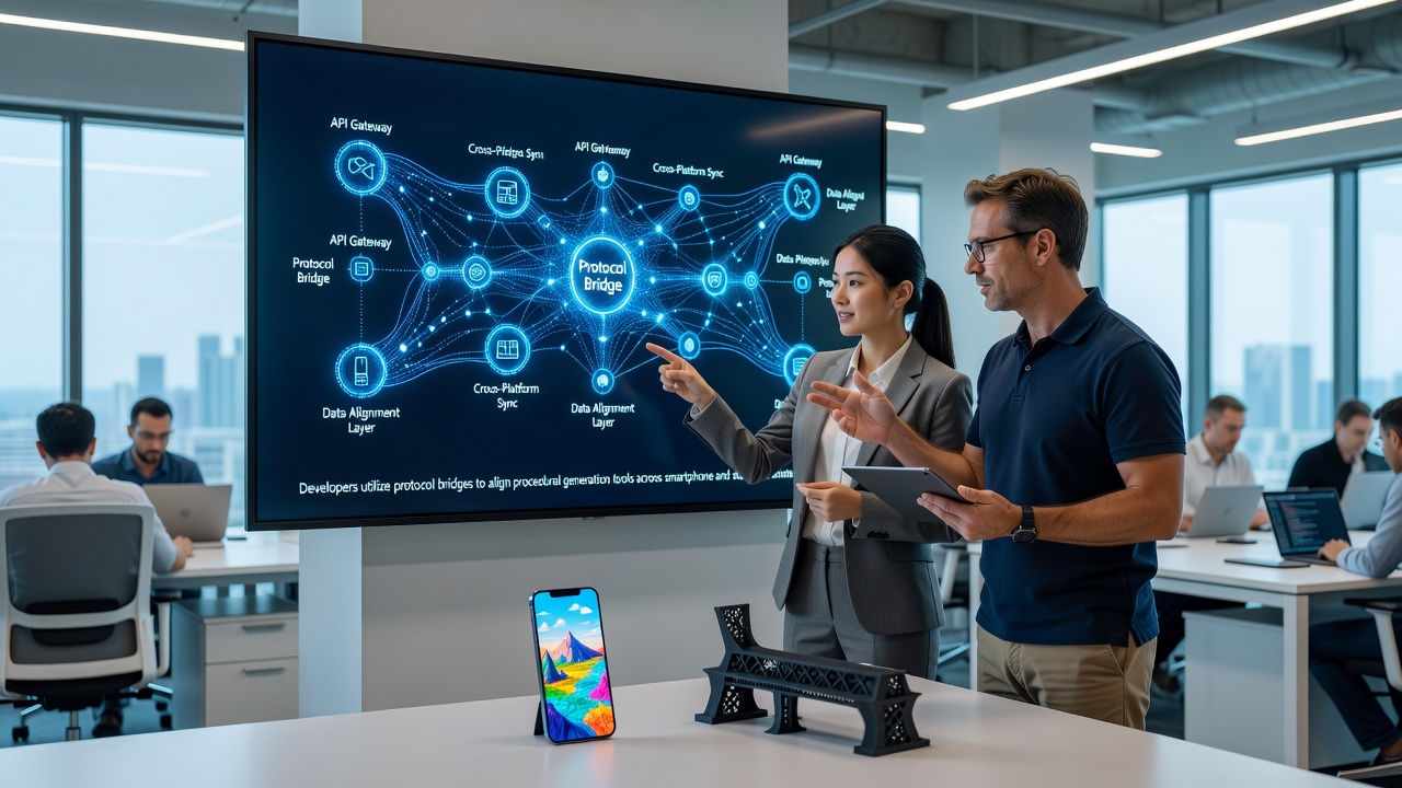 Stationary and mobile workstations connected through protocol bridge software for procedural generation alignment