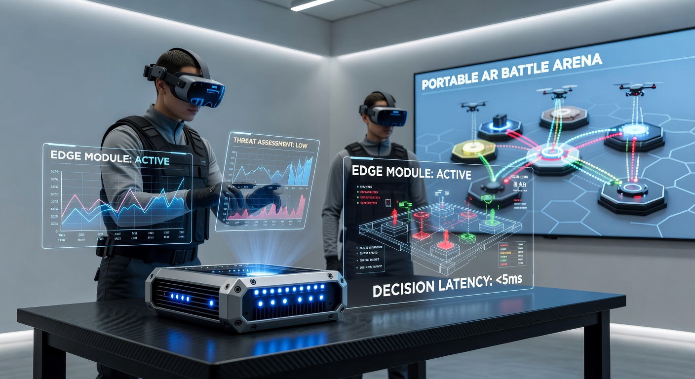 Portable AR battle arena setup with edge computing modules integrated into wearable devices during a live event