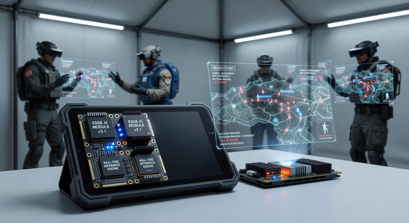 Close-up of edge computing module hardware attached to an AR headset used in portable battle arenas