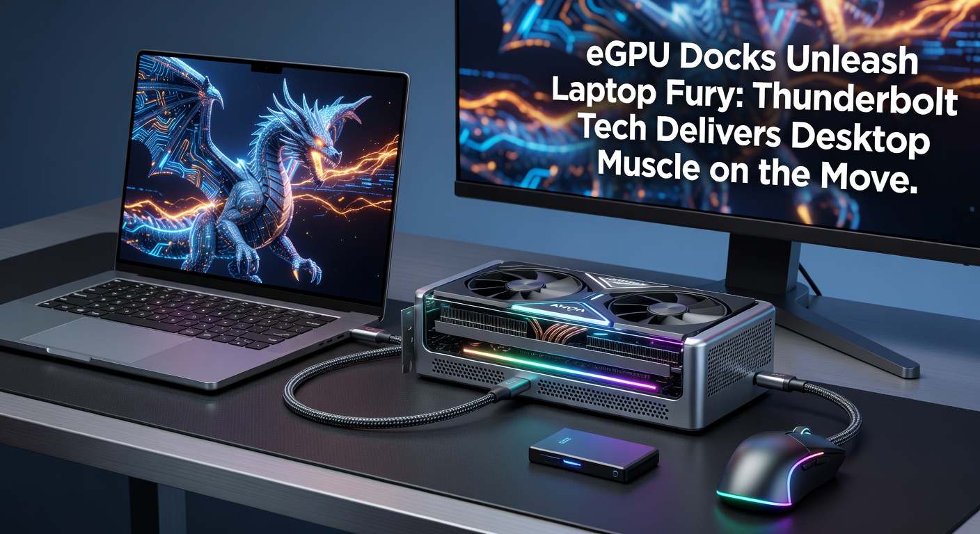 A sleek eGPU dock connected to a gaming laptop via Thunderbolt cable, with vibrant desktop-grade graphics rendering on the screen