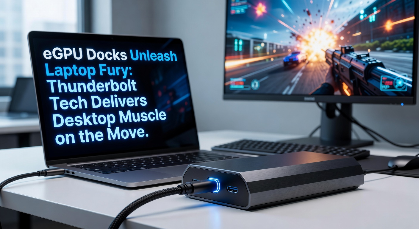 Close-up of a high-end desktop GPU like RTX 4090 installed in an eGPU enclosure, Thunderbolt cable glowing amid RGB fans