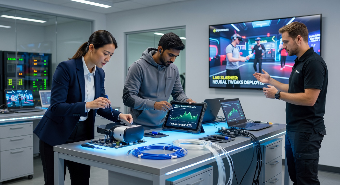 Engineers testing neural network optimizations on wireless VR headsets during a mobile esports tournament setup