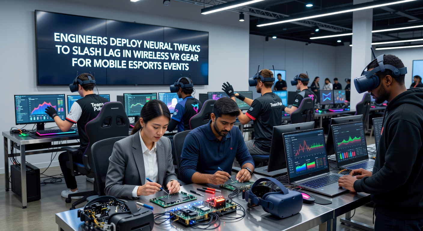 Close-up of wireless VR headset components with neural processing modules highlighted during esports testing