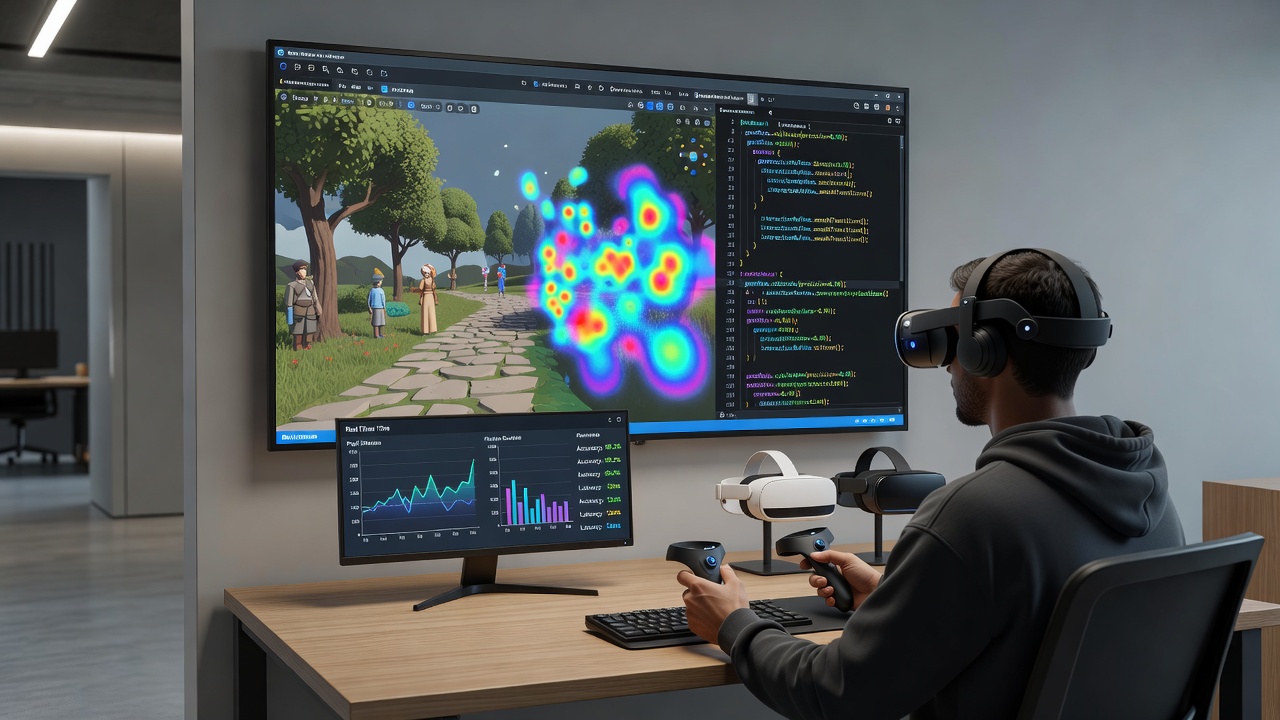 Developers from distributed collectives reviewing eye tracking heatmaps during a collaborative VR narrative session