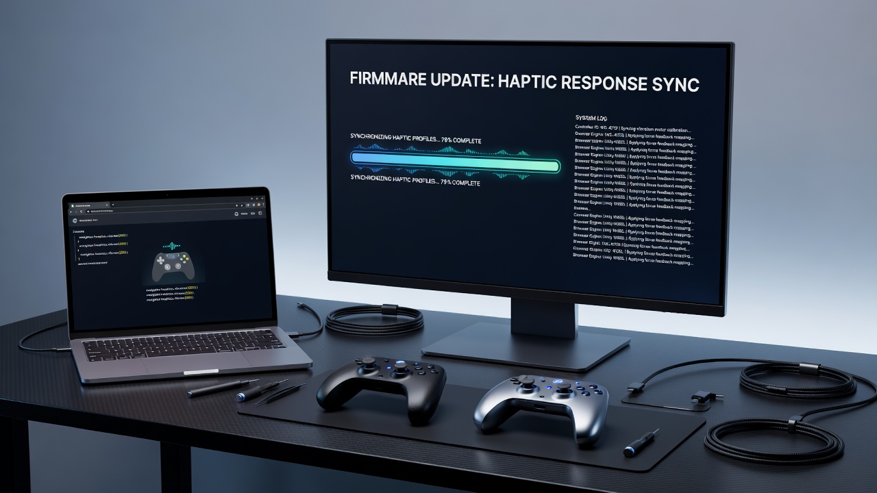 Close-up of firmware update process on a wireless controller connected to a browser game session