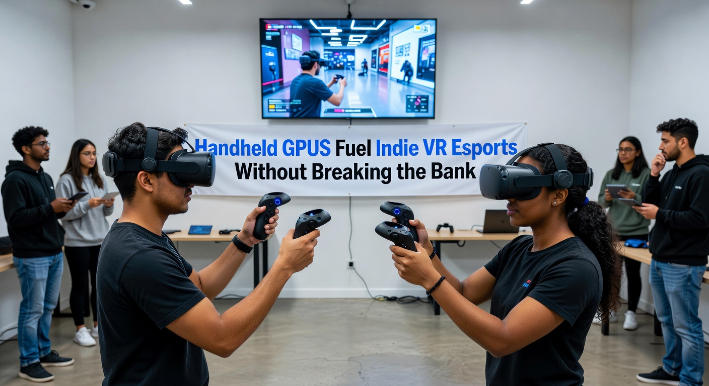 A compact handheld gaming device connected to VR headset, displaying high-frame-rate esports action on its screen while powering immersive virtual arena battles