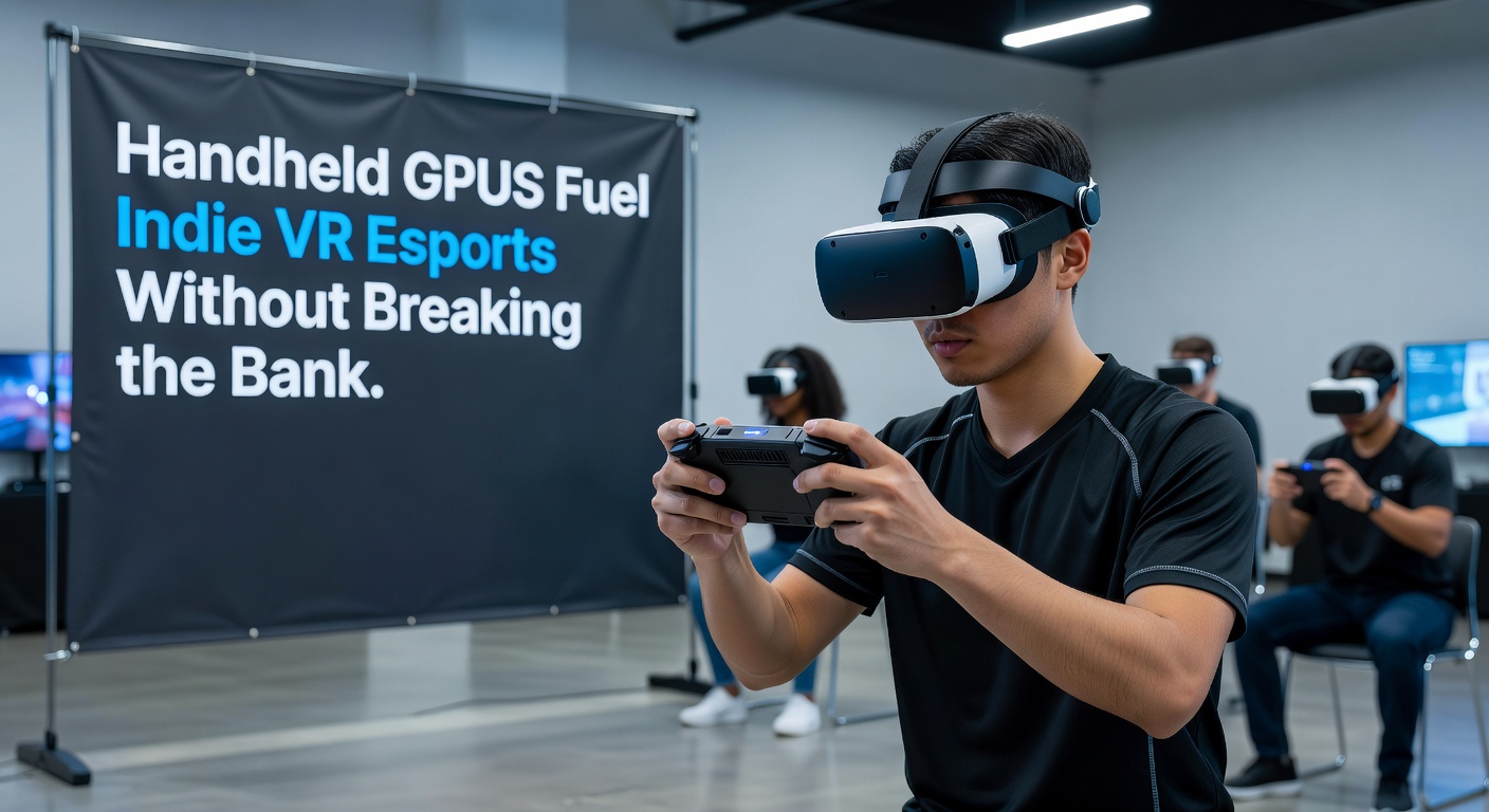 Indie esports players huddled around handheld GPUs tethered to lightweight VR headsets, competing in a vibrant virtual arena during a local tournament