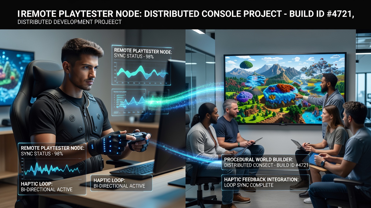 Remote playtesters using haptic devices to interact with procedural world generation tools in a distributed console development setup