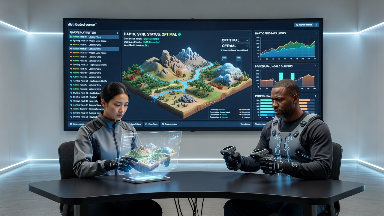 Procedural world builder interface displaying real-time haptic data overlays from remote testers