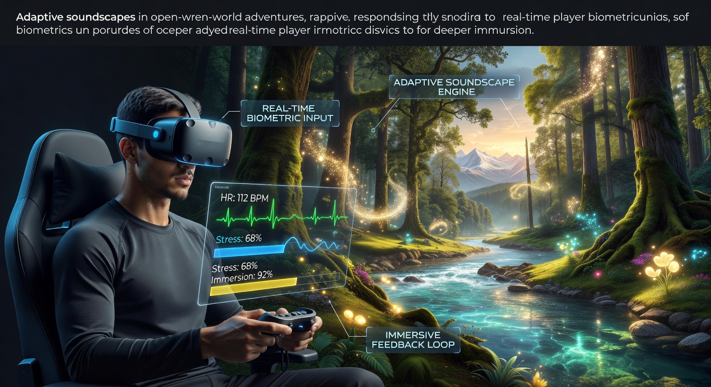 Player wearing biometric headset while exploring an open-world game environment with dynamic audio overlays
