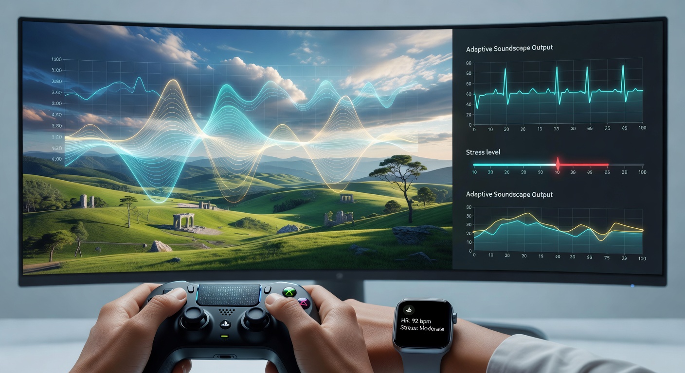 Close-up of biometric sensor data overlay on a game screen showing heart rate and audio parameter adjustments