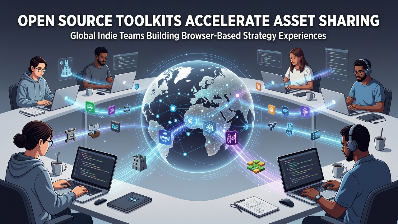 Global indie developers collaborating on browser-based strategy game assets using open source toolkits in a shared workspace