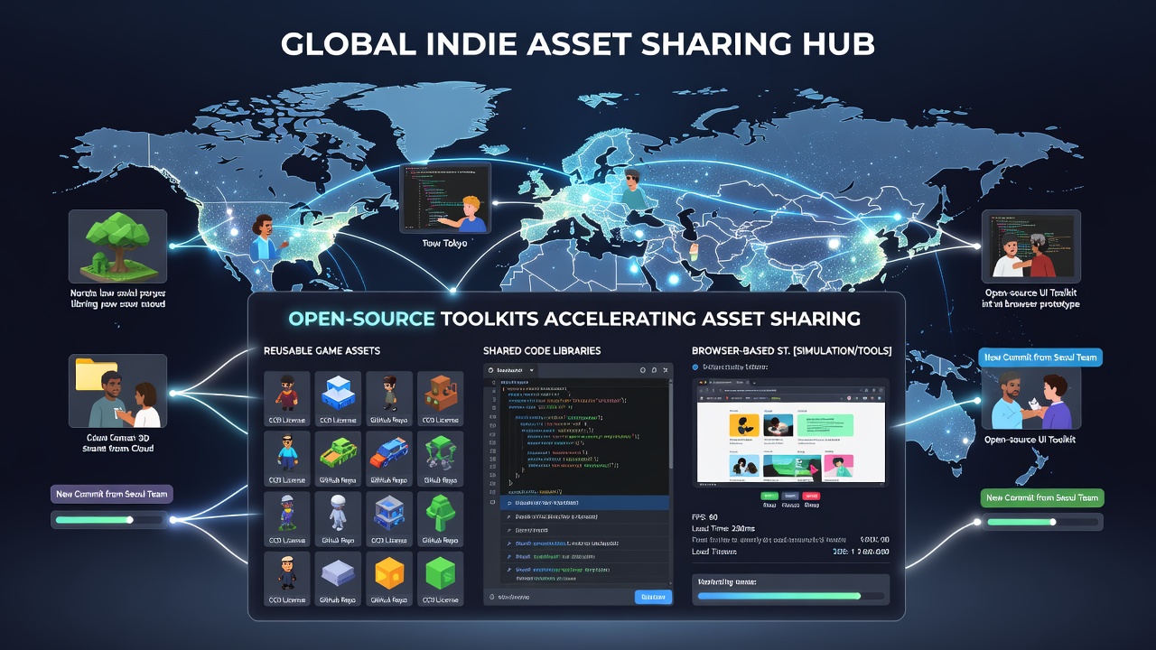 Open source toolkit interface displaying shared strategy game assets available for global indie collaboration