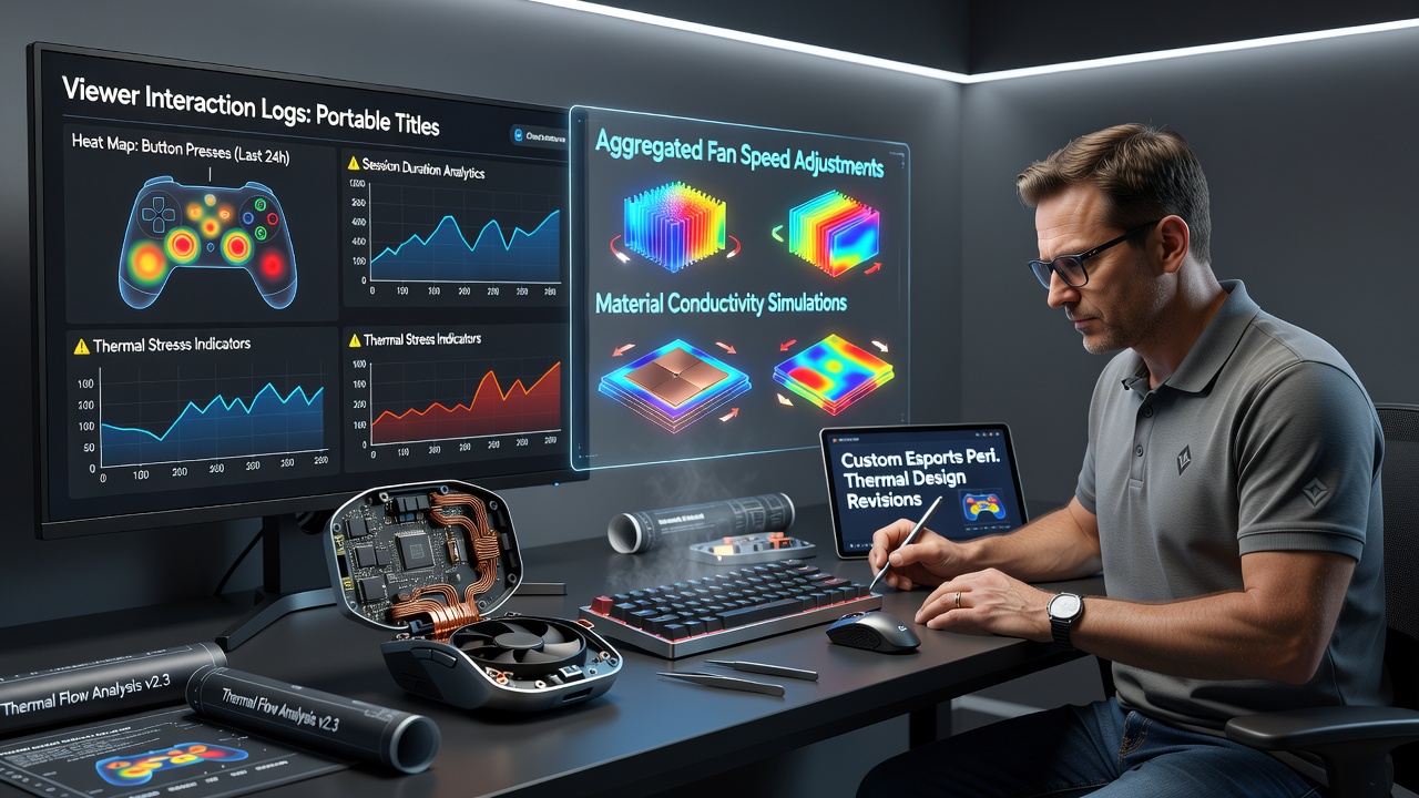 Custom esports peripheral prototypes undergoing thermal testing with interaction log overlays