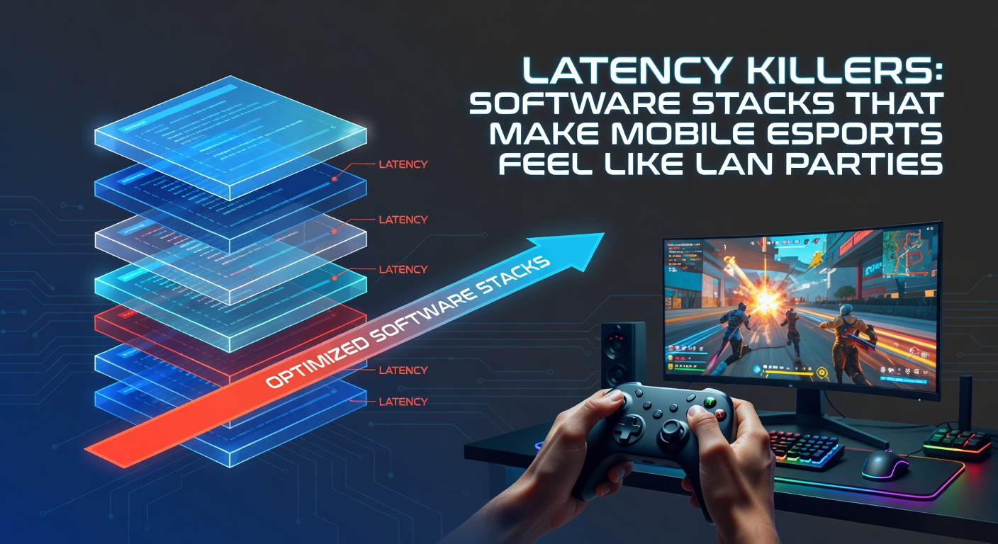 Visual representation of a low-latency software stack transforming mobile esports into a seamless LAN-like experience, with data streams flowing between devices and edge servers