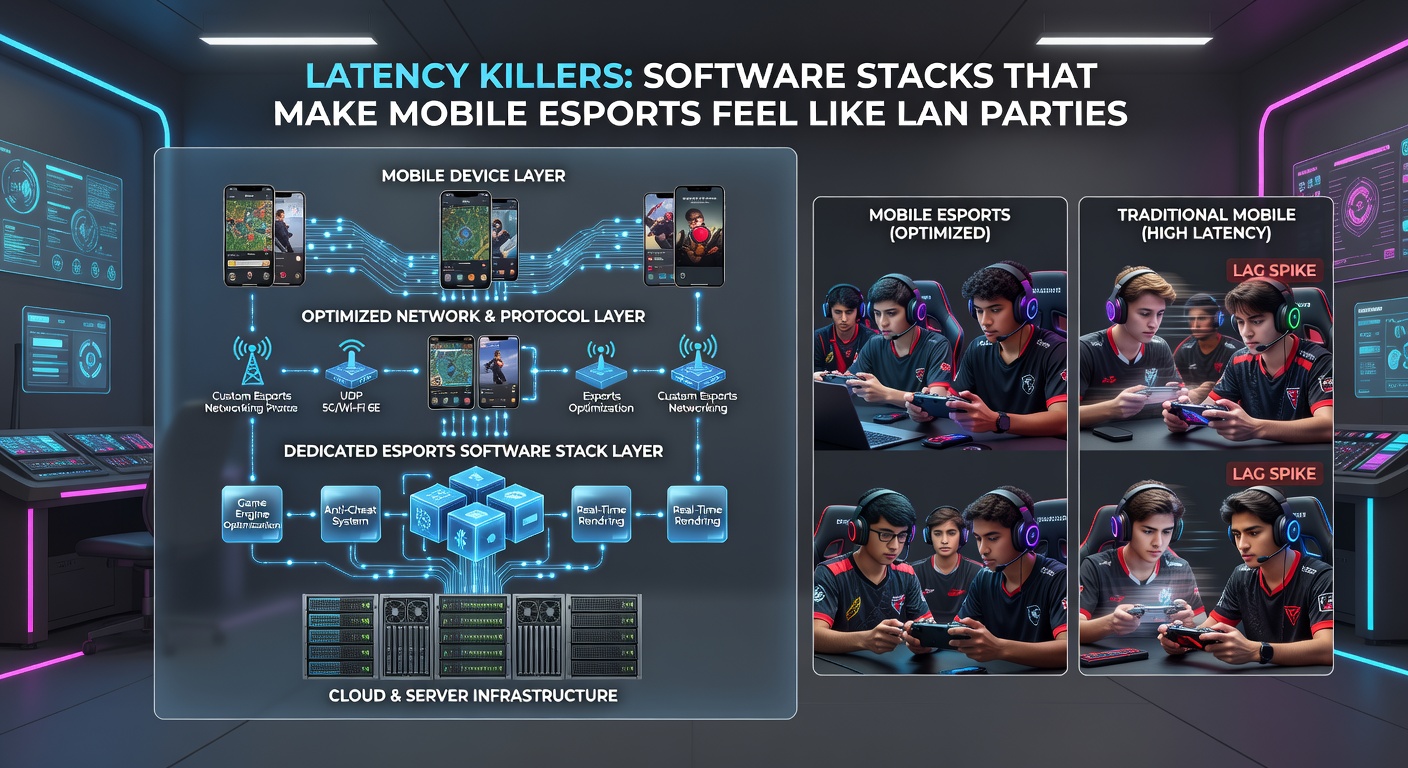 Diagram showing edge servers, QUIC protocols, and client optimizers working together to deliver LAN-party level performance in mobile esports tournaments