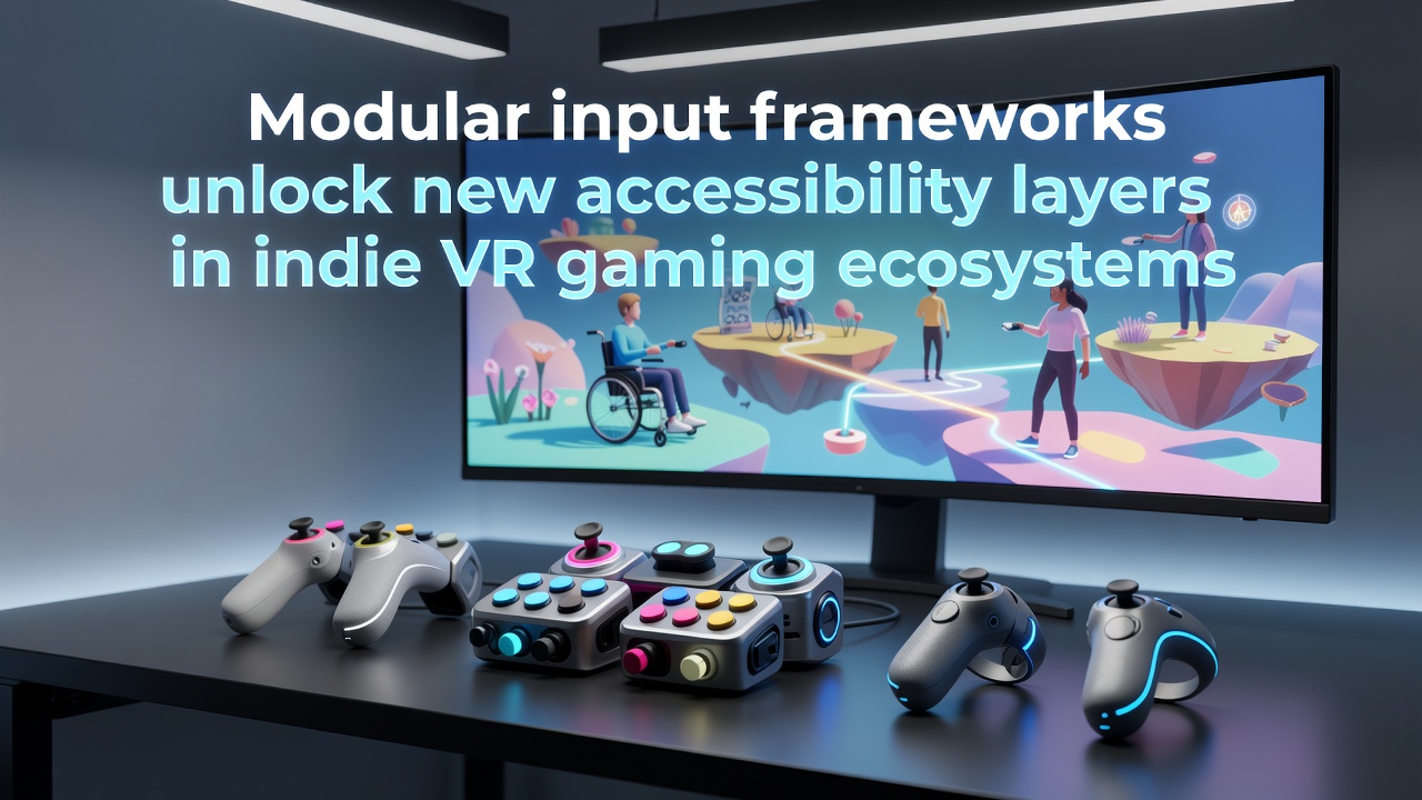 Indie developer configuring modular VR controllers for accessibility testing in a studio environment
