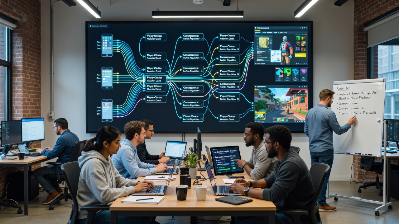 Developers reviewing player narrative feedback dashboards during a live sprint planning session at a mid-sized studio