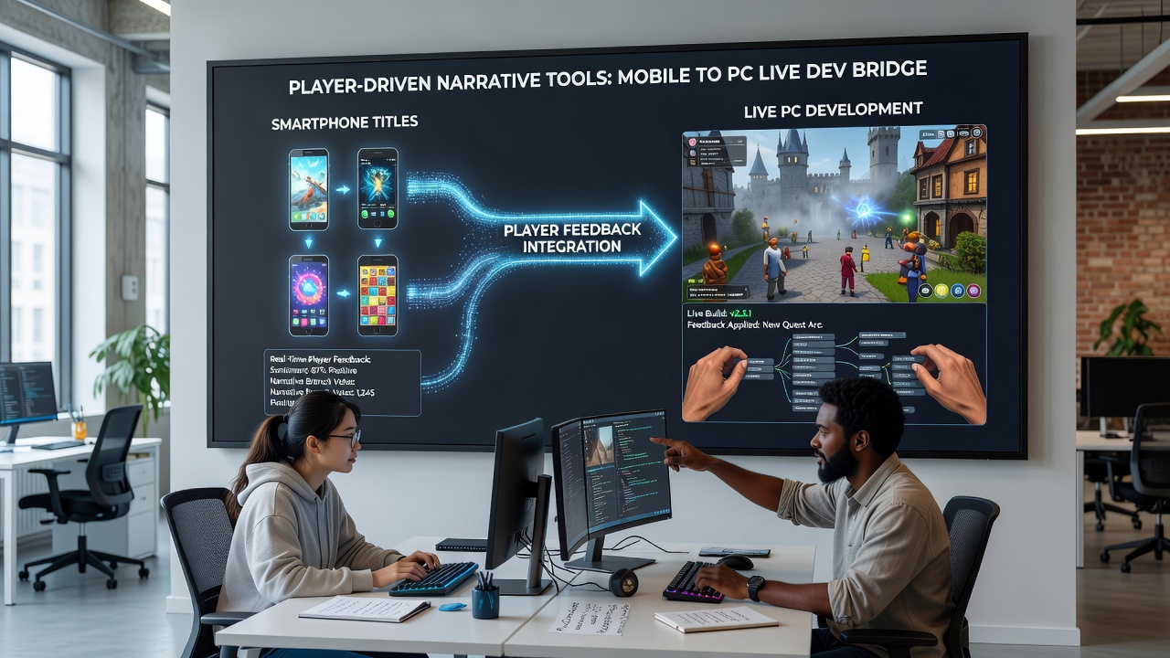 Narrative designer examining real-time feedback metrics synced from mobile players into a PC sprint board