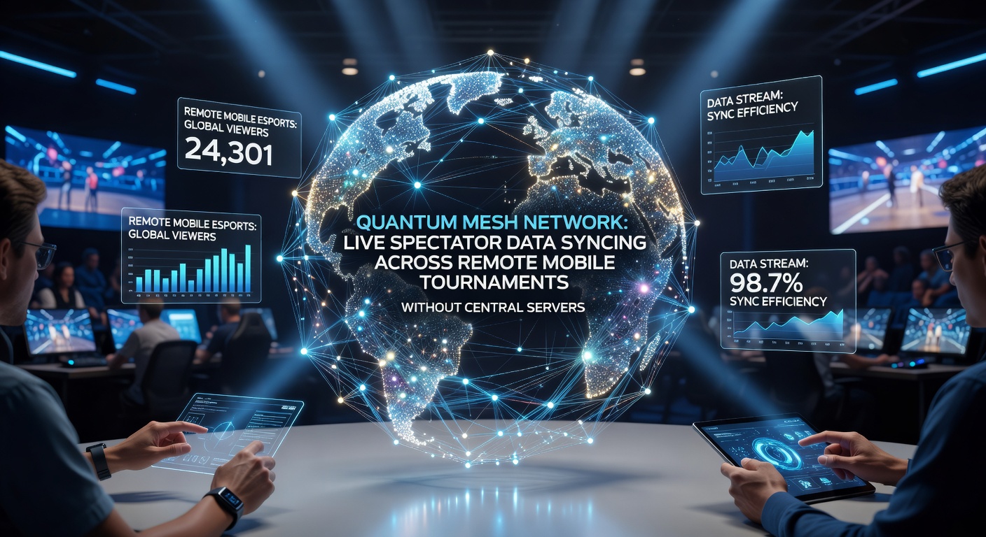 Quantum mesh network visualization showing decentralized data synchronization across mobile devices in a tournament setting