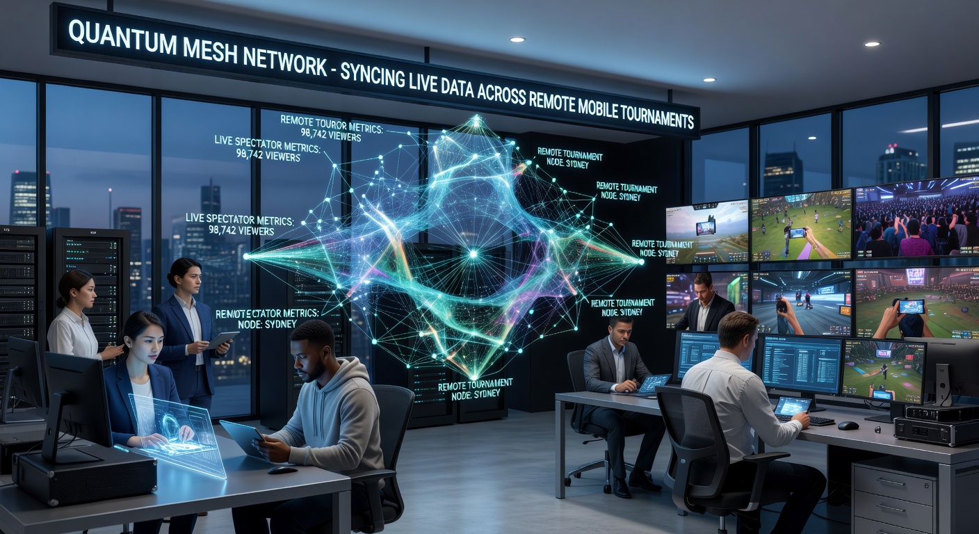Mobile devices connected in a quantum mesh configuration during a live esports tournament spectator session