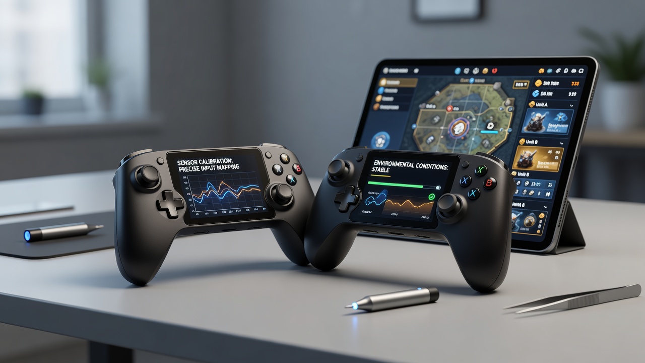 Portable gaming controller undergoing sensor calibration in a lab setting with temperature and humidity controls active
