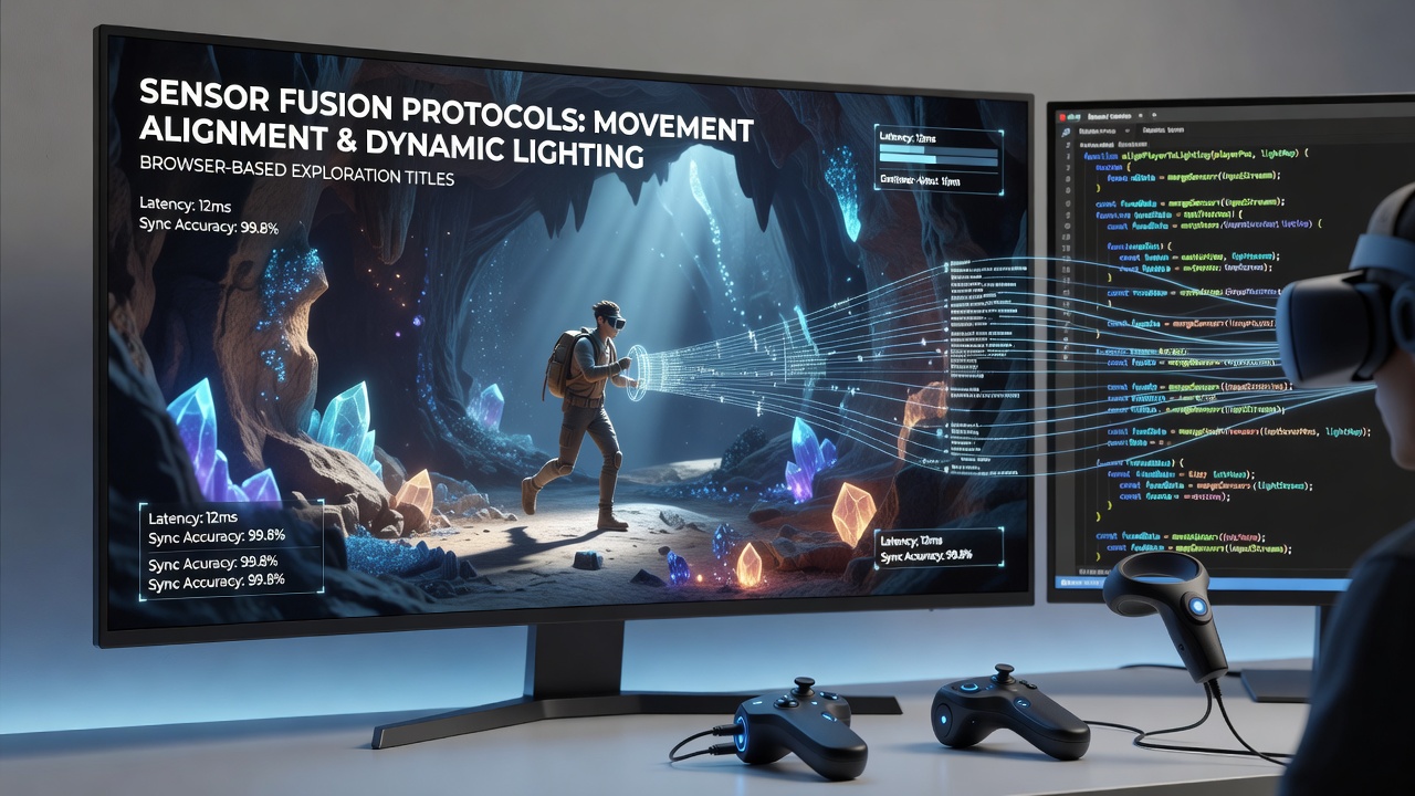 Sensor fusion protocols demonstrated in a browser-based exploration game with synchronized lighting effects