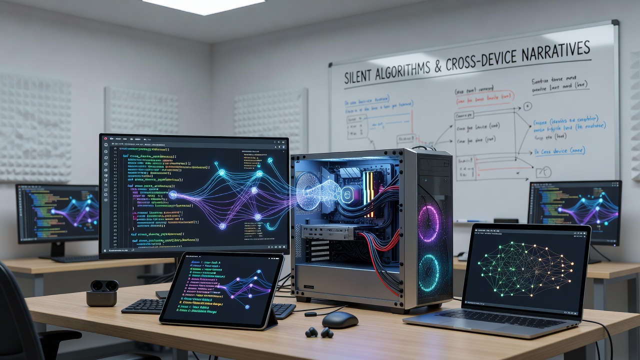 Developers reviewing algorithm outputs that align story arcs between portable and stationary devices