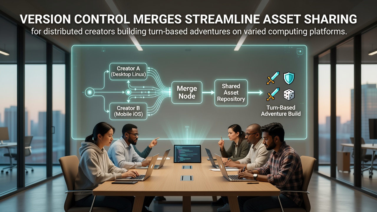 Distributed game developers collaborating on turn-based adventure assets using version control merges across multiple devices