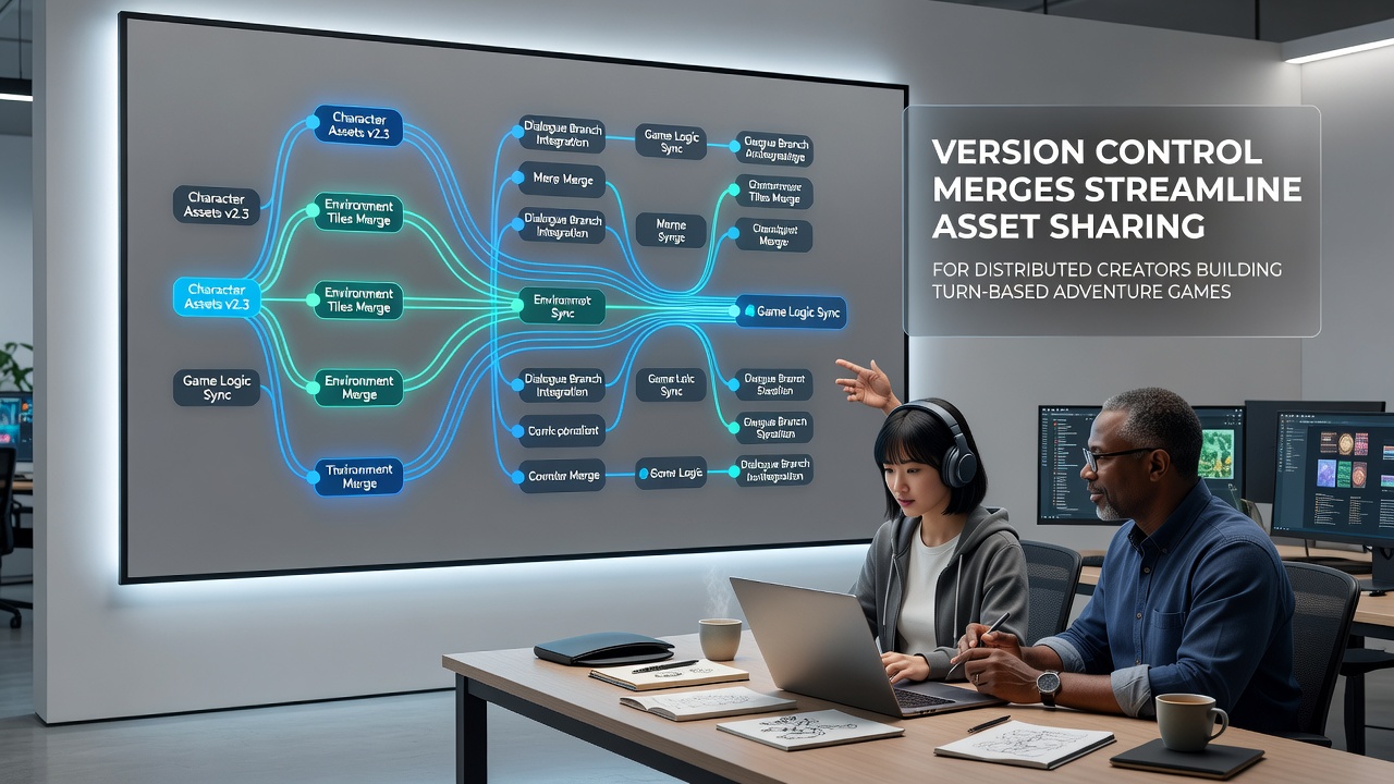 Merge visualization showing asset synchronization between mobile and desktop versions of a turn-based adventure project