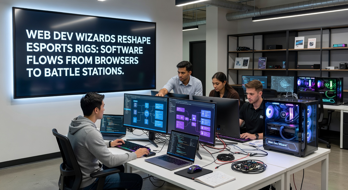 High-end esports rig displaying a seamless web-based overlay on multiple monitors during a competitive match, showcasing browser tech integration