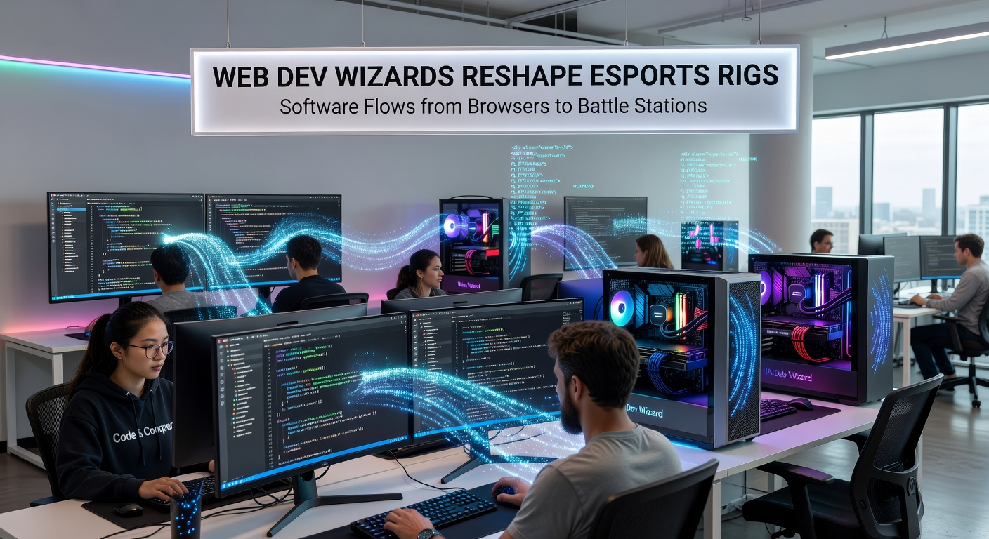 Close-up of a web developer coding a custom esports overlay on a multi-screen battle station, with code snippets and live data visualizations visible